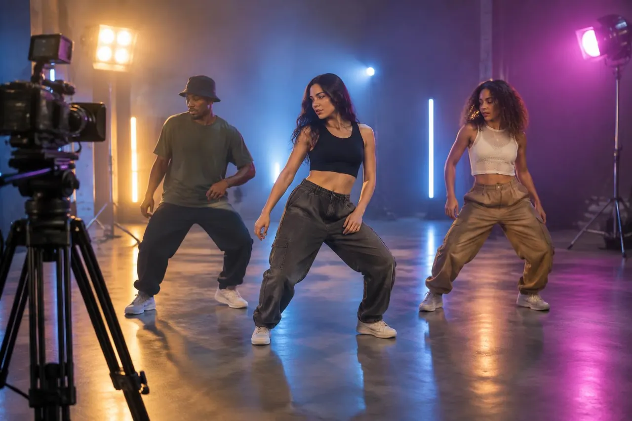 Illustration of a music-video choreography shoot with camera and lights