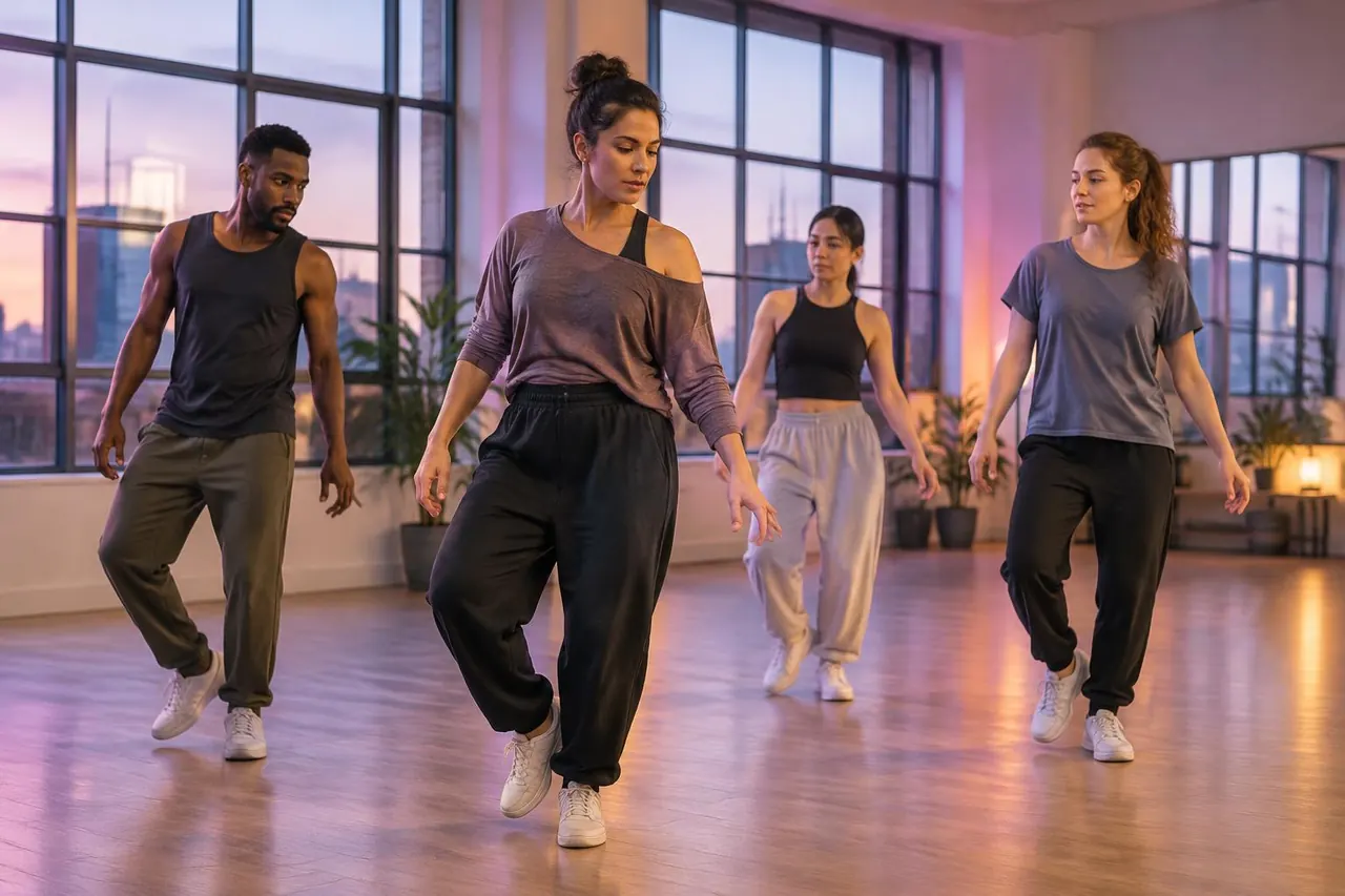 Illustration of a choreographer leading adult dancers in a studio rehearsal